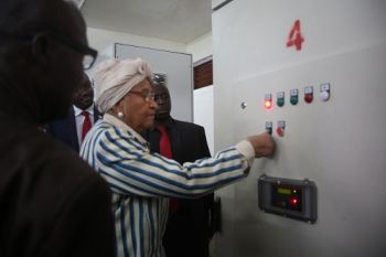 President Sirleaf turns on the White Plains Water Treatment Plant in Harrisburg outside Monrovia
